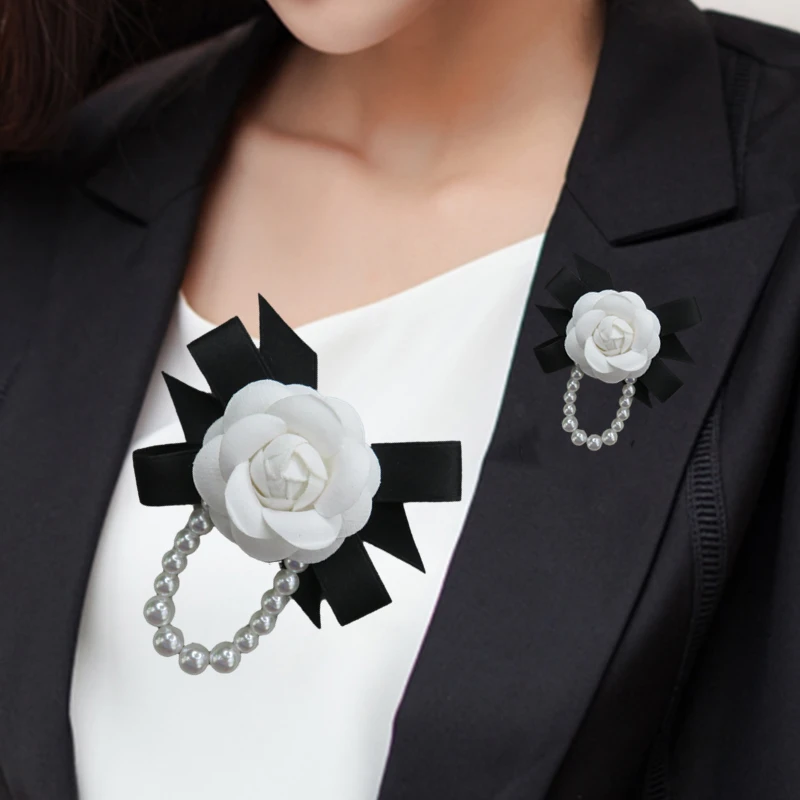 合金布艺胸针 山茶花胸针蝴蝶结精致花朵珍珠时尚衣服搭配胸针花