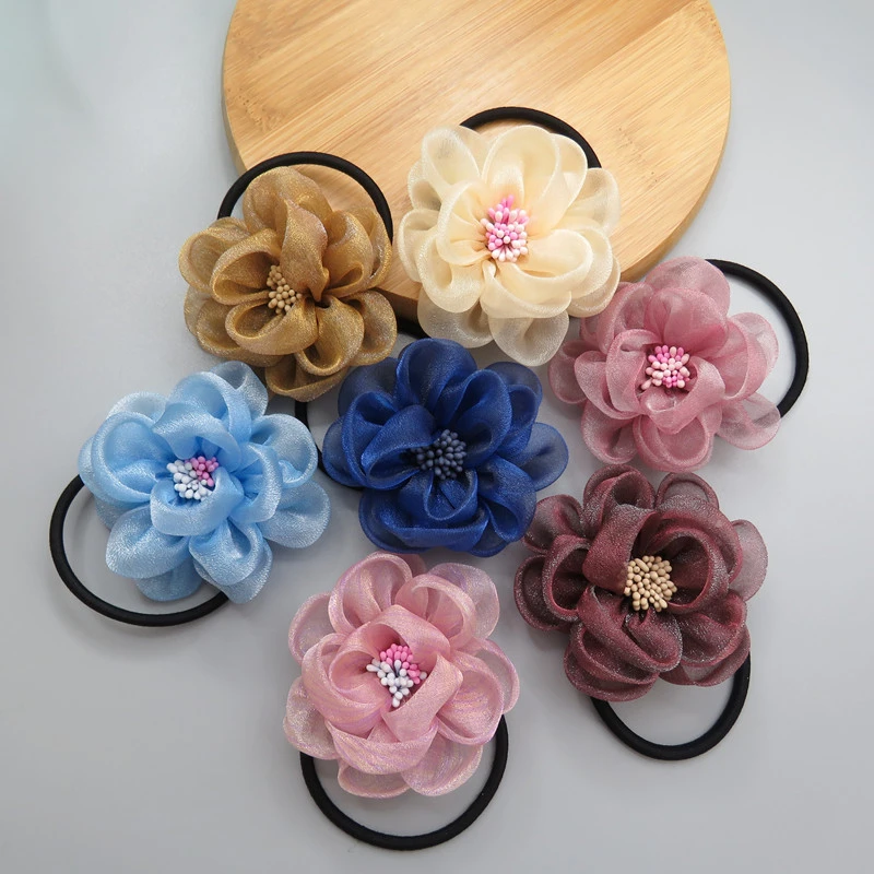 新款绢纱布料花朵发绳气质扎头橡皮筋夏季天简约绑发头饰发圈花女