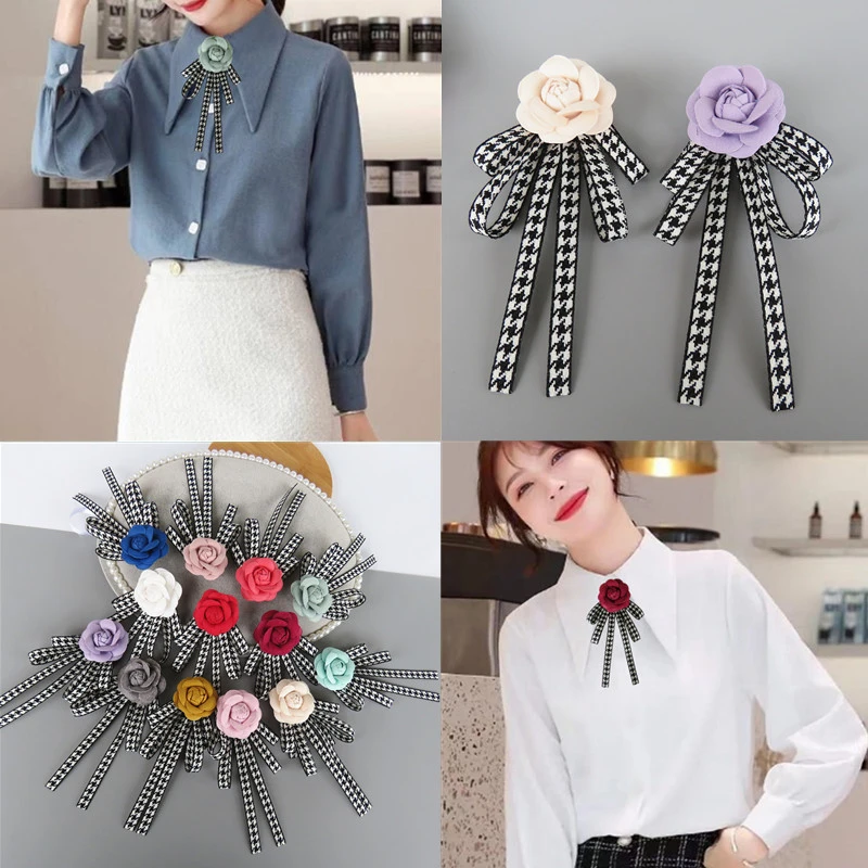 合金布艺胸针 千鸟格多层飘带蝴蝶结领花女配饰时尚衬衫衣领装饰
