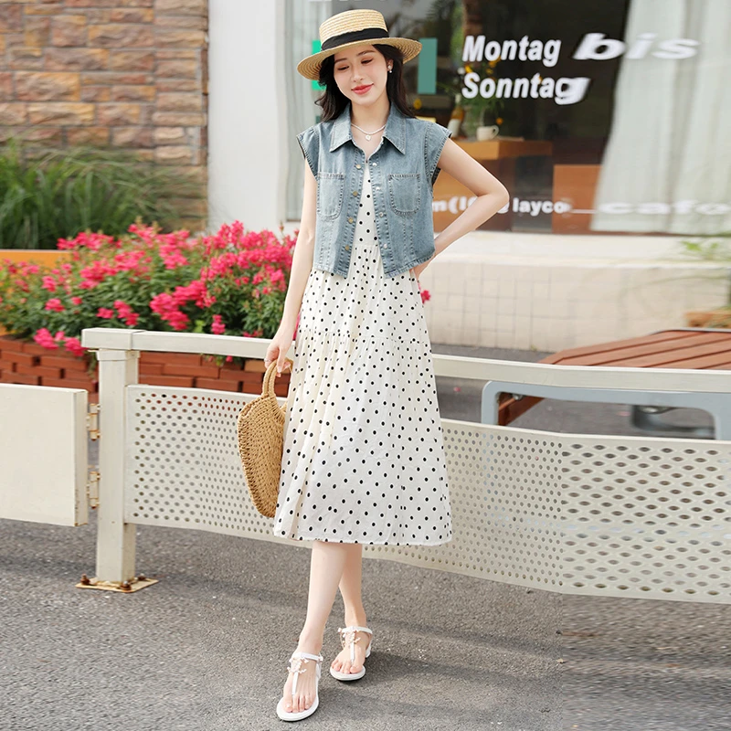 2024气质显瘦牛仔吊带裙套装时尚高腰法式修身洋气波点夏季无袖