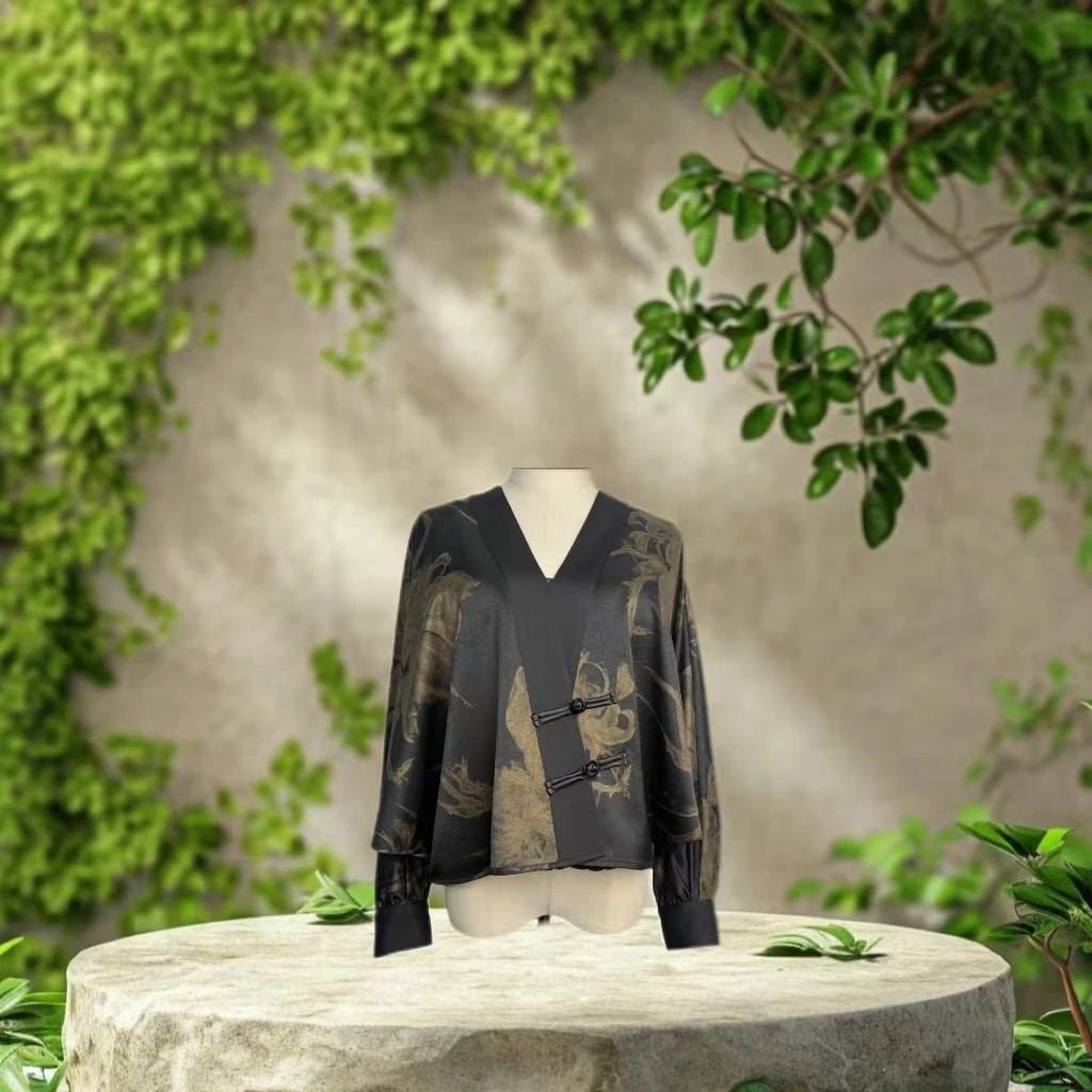 红熹潮（HXC139）秋款复古百搭设计师款新中式印花缎面盘扣长袖外套