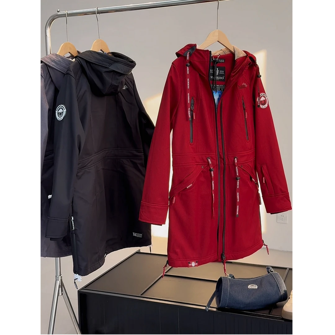 中长款户外软壳衣防泼水连帽风衣外套女收腰冲锋衣气质百搭保暖