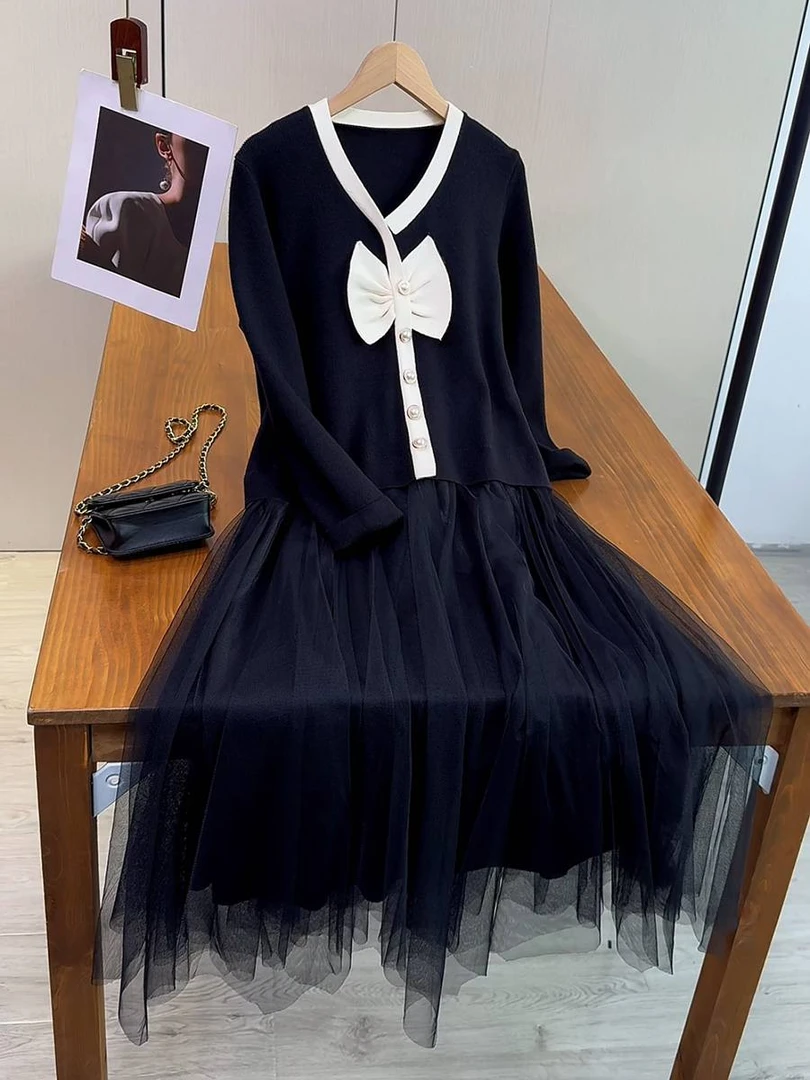 蝴蝶结针织拼接网纱连衣裙度假黑色法式气质减龄长袖中长裙