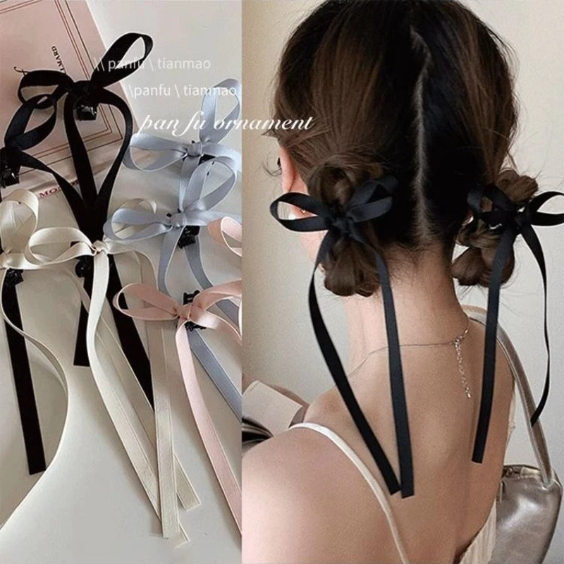 温柔少女双层~简约芭蕾风蝴蝶结长款飘带小抓夹双丸子头发夹头饰