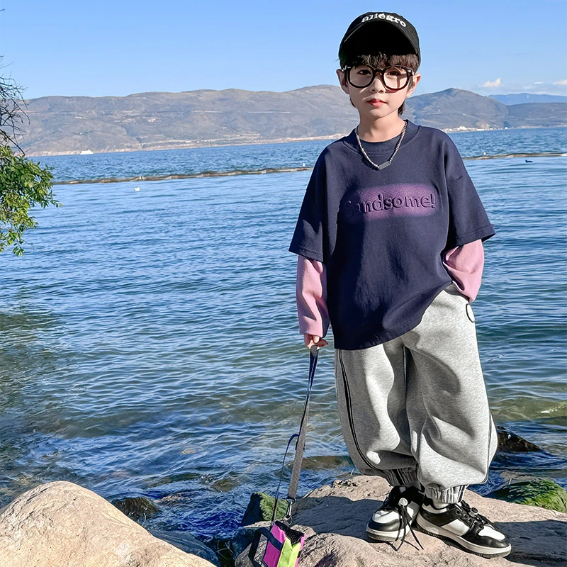 男童长袖T恤秋装2025新款儿童春秋款假两件白色纯棉上衣男孩秋季