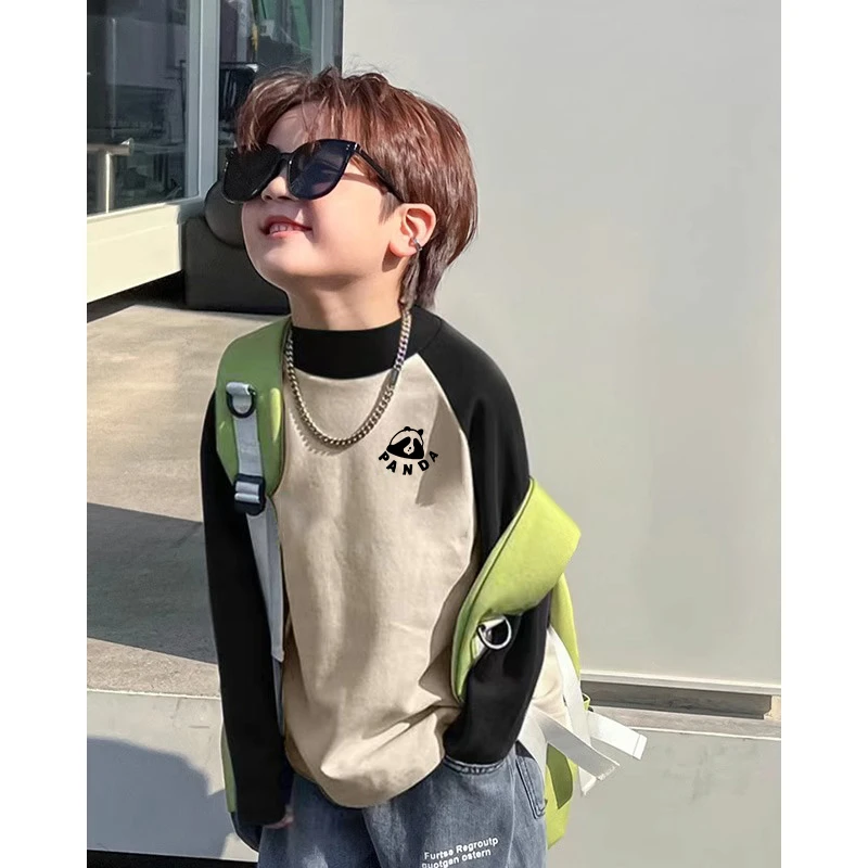 童装拼色插肩袖德绒打底衫儿童秋装男童熊猫t恤长袖秋衣2025秋冬