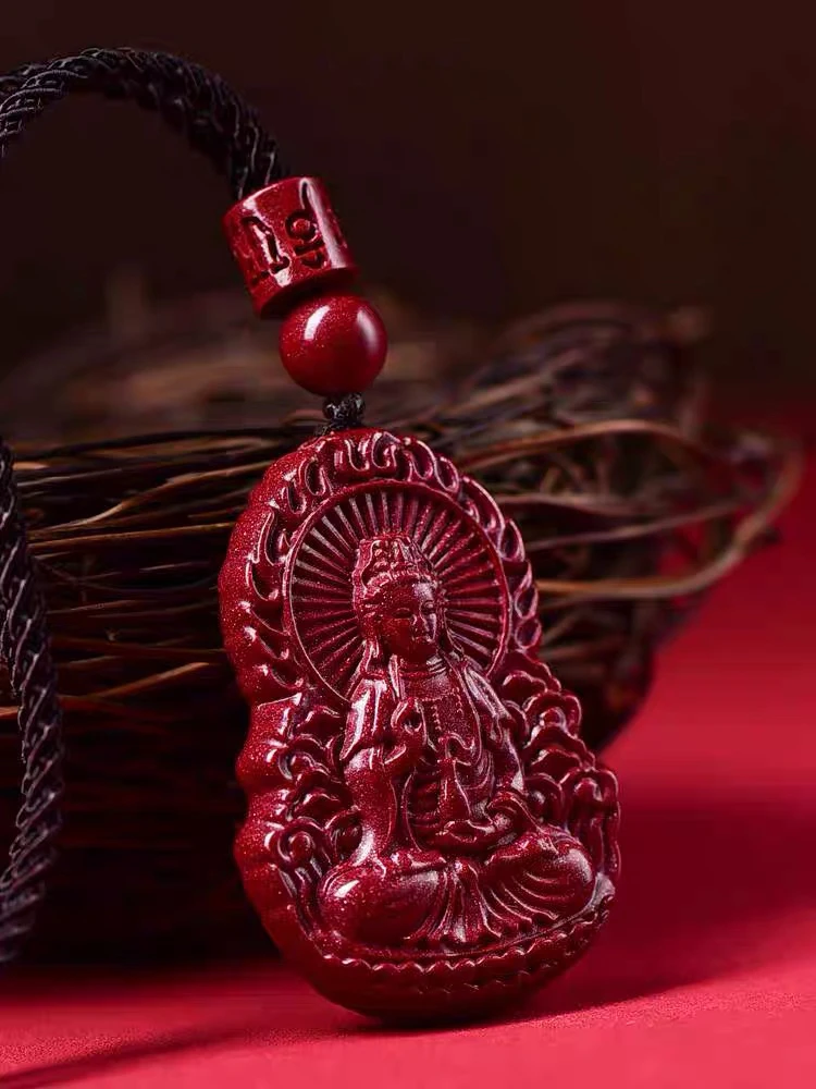 含辰砂工艺品朱砂南海观音吊坠男款佛像平安紫金砂观世音菩萨
