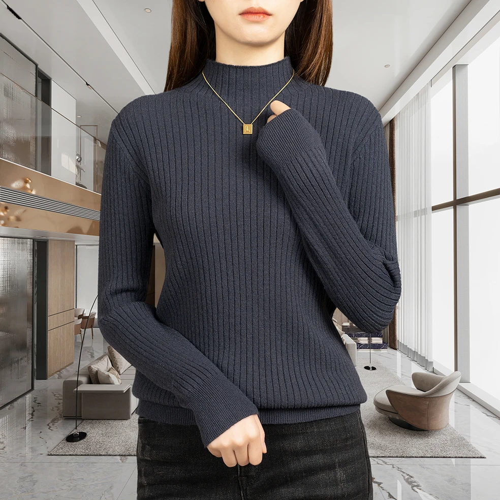 2024秋冬加绒加厚打底半高领纯色时尚洋气百搭竖条纹长袖上衣-YM