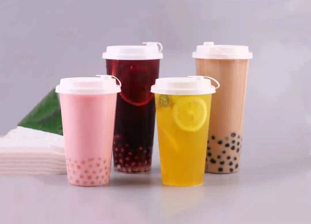 90口径杯加厚一次性奶茶杯加厚带盖注塑杯饮料杯透明磨砂杯