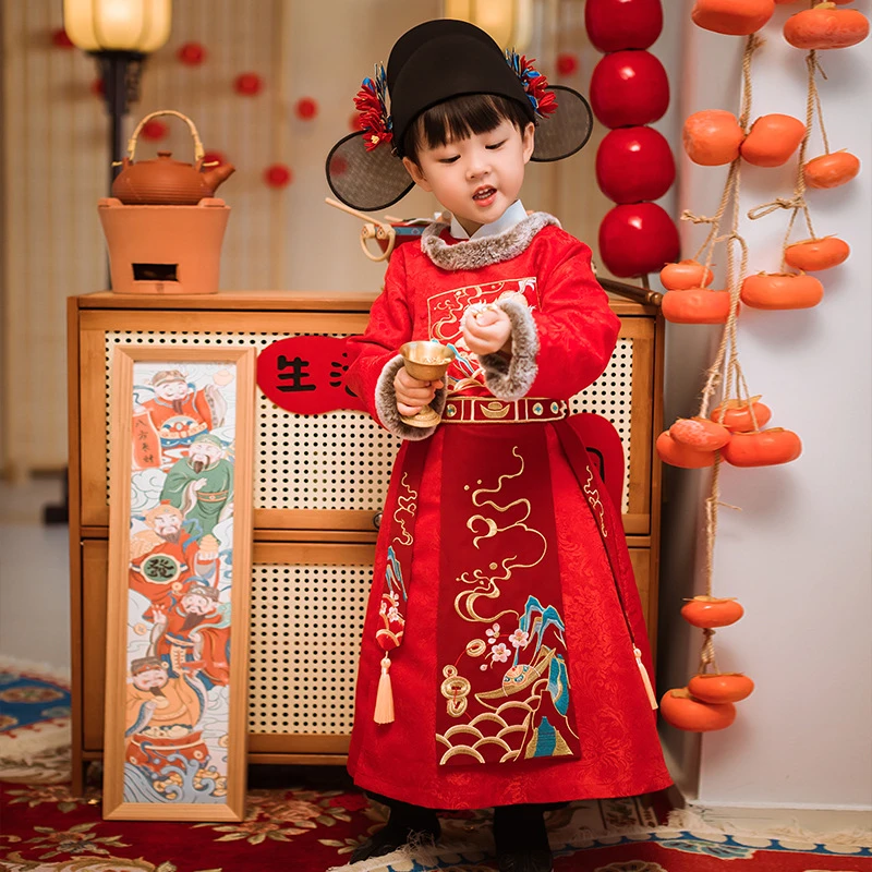 红色新款中国风唐装男童冬款加绒汉服儿童喜庆拜年服童装冬季加厚