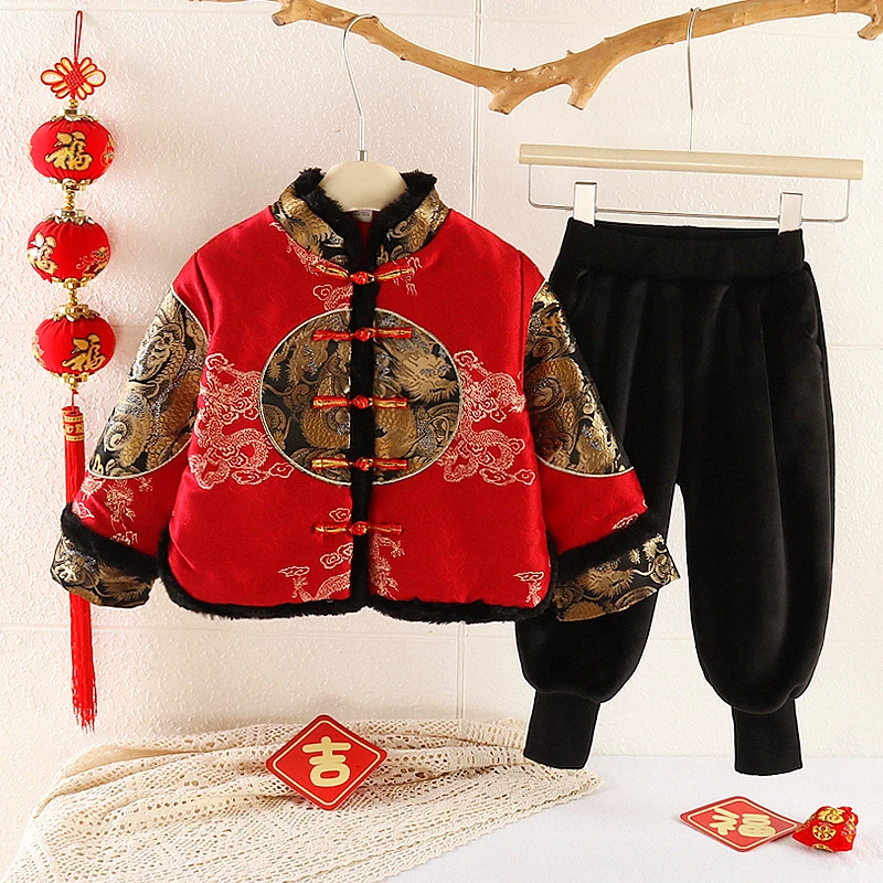 2024新款拜年服男孩喜庆汉服男童夹棉加厚冬季套装过年服儿童唐装