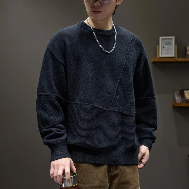 MR.MUDI/穆迪先生美式设计感拼接圆领毛衣男士秋冬季新款宽松潮牌