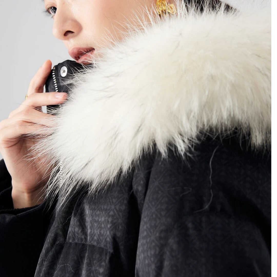 【品牌精选】24冬季轻奢优雅女装温柔气质大毛领提花羽绒服