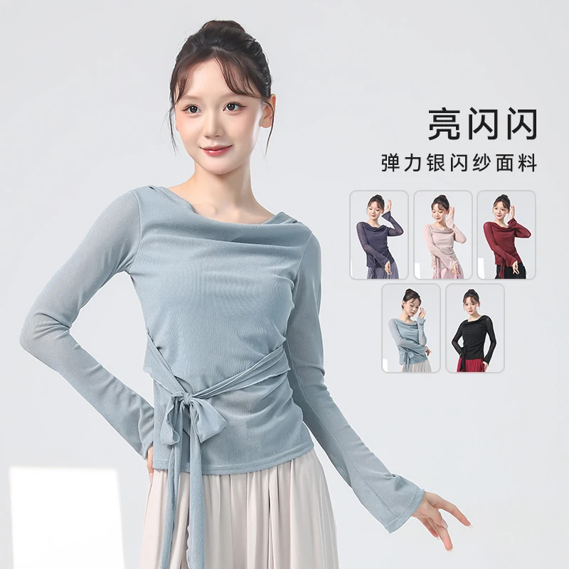 现代舞蹈服女秋长袖设计感捏褶收腰荡领修身古典舞纱衣身韵练功服