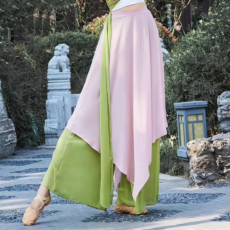 中国舞蹈裤女宽松飘逸雪纺不规则双层裙裤古典舞演出服练功阔腿裤