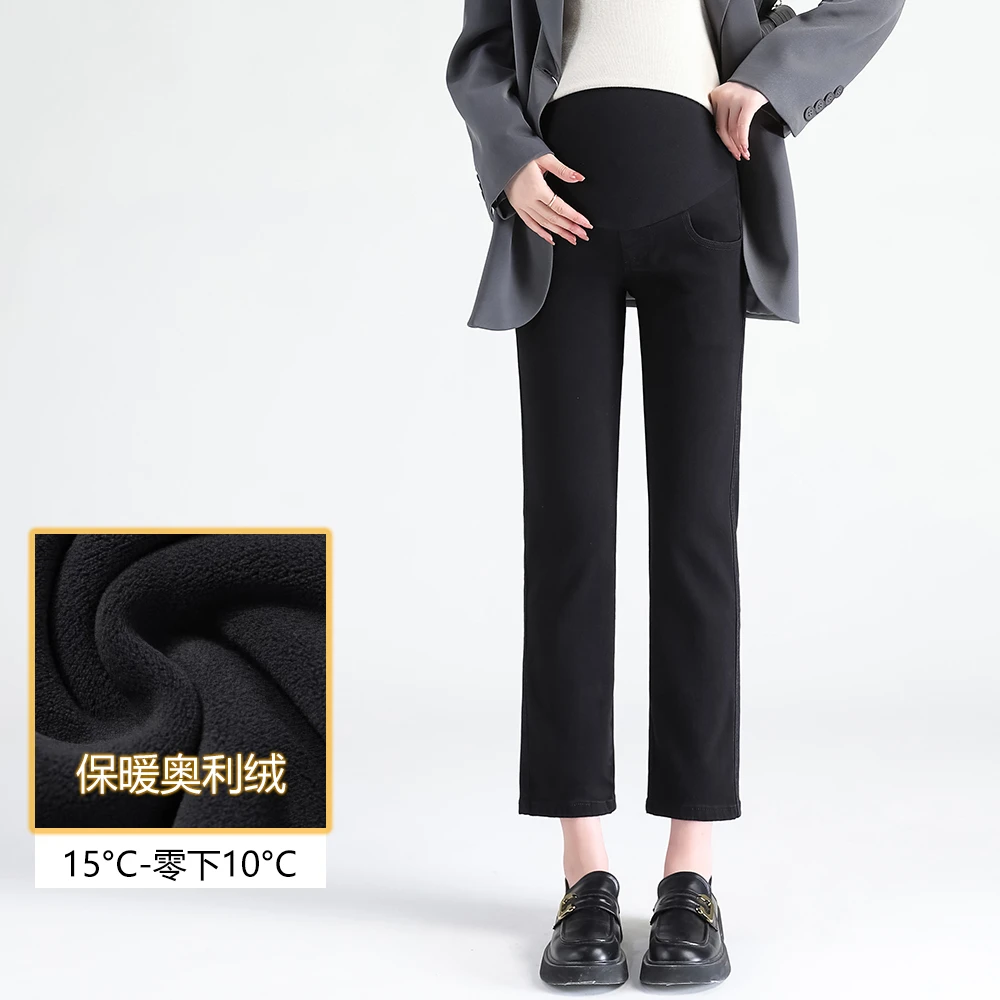 孕妇直筒裤九分秋冬保暖加绒加厚外穿显瘦休闲高弹黑色烟管牛仔裤
