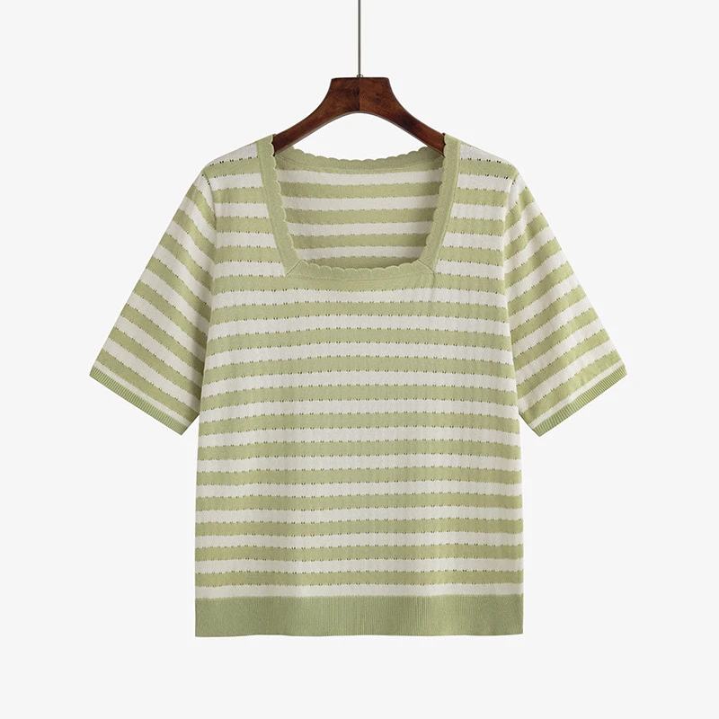 清仓孕妇方领镂空条纹t恤女短袖上衣宽松针织衫
