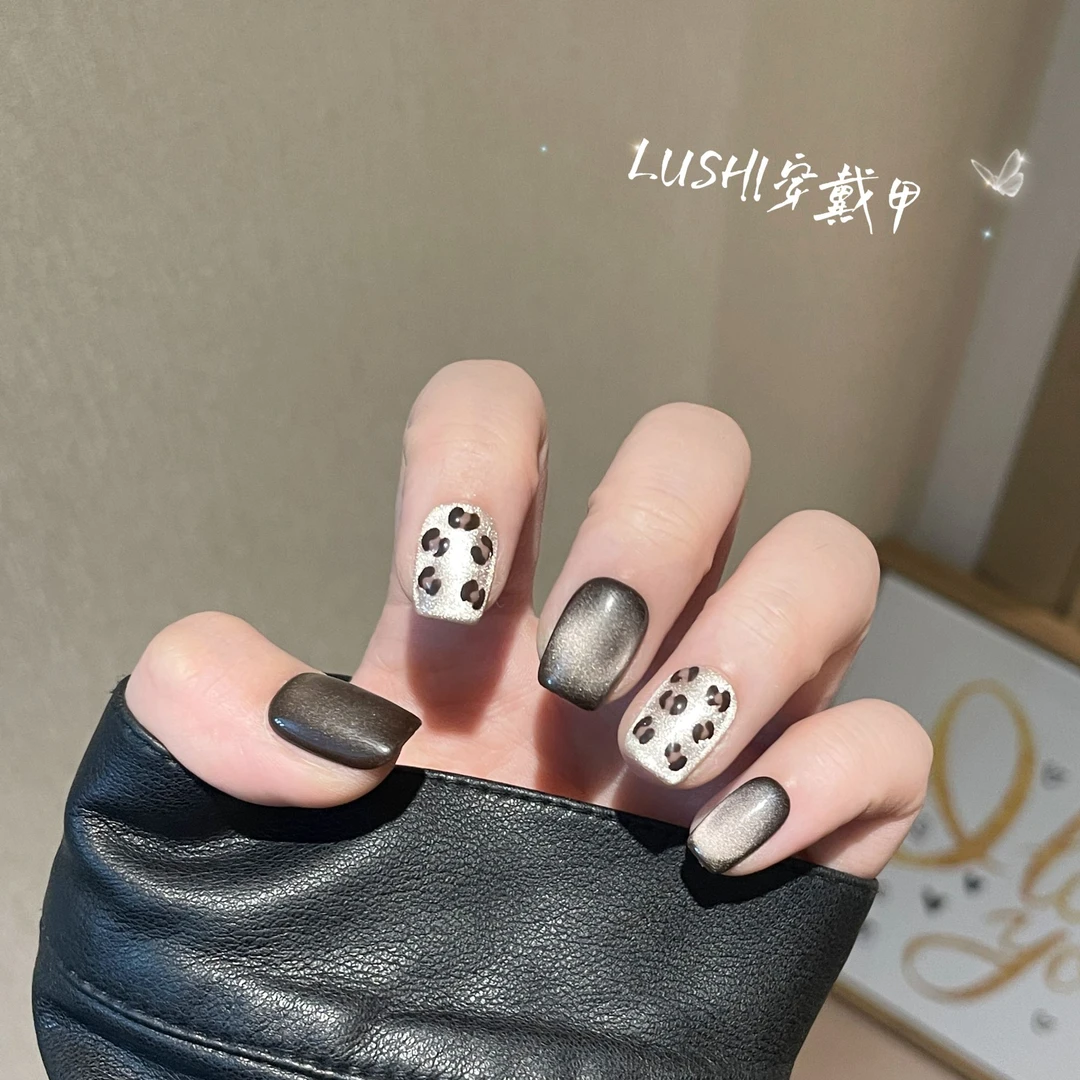 (黑糖豹纹)秋冬显白纯手工光疗穿戴甲