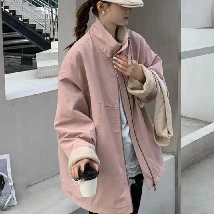 欧货立领羊羔毛双拉链加厚棉服外套女2024秋冬新款中长款派克服潮