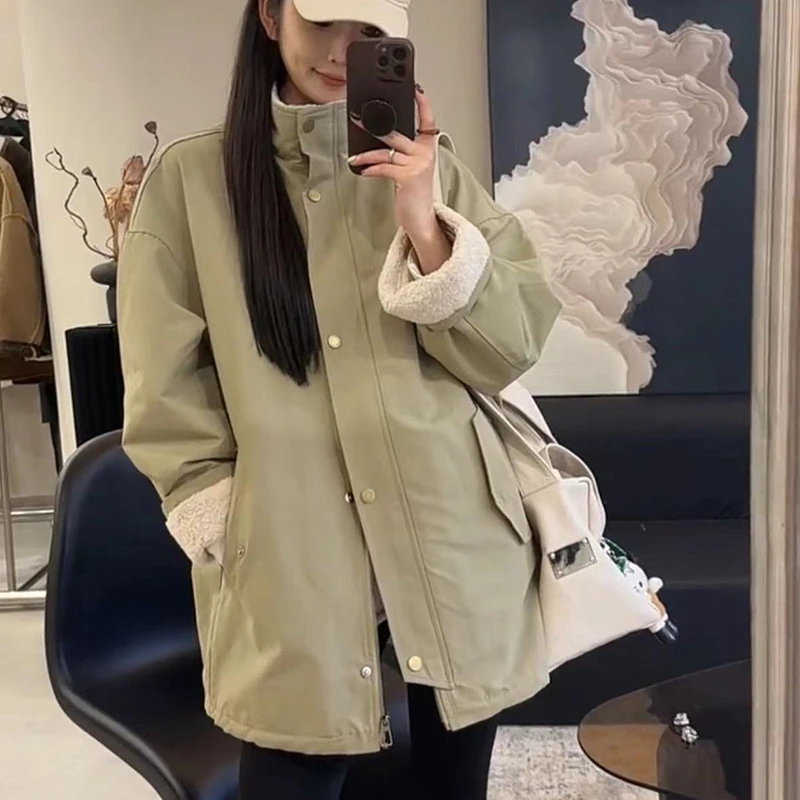 外套女时尚休闲连帽宽松加绒加厚韩版冬季百搭中长款新品