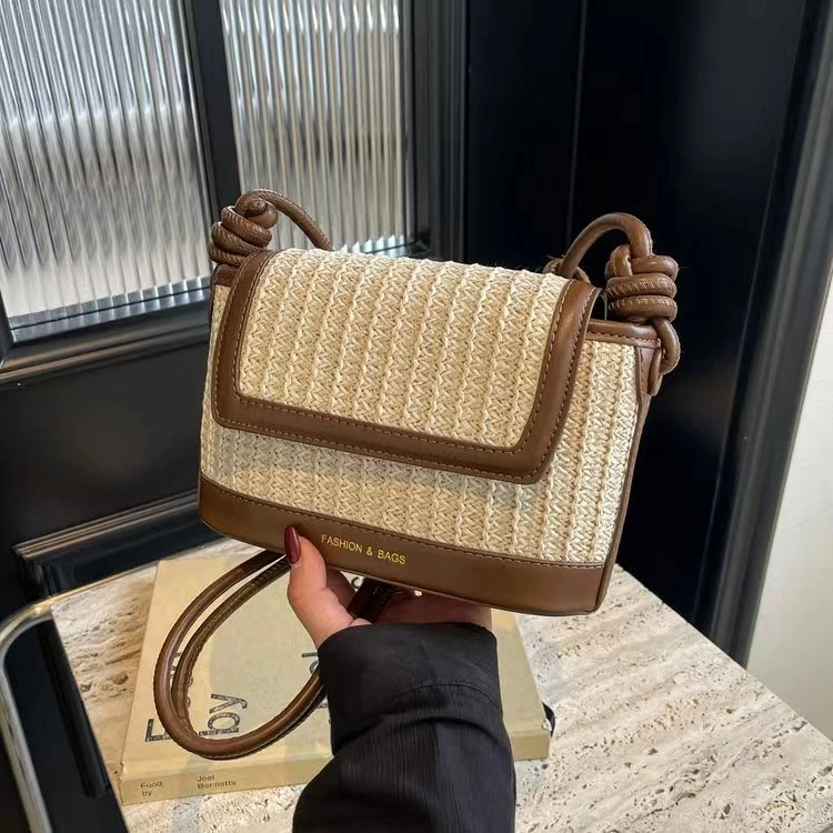 夏季通勤休闲网红沙滩包小众女款编织包时尚单肩包潮流撞色小包包