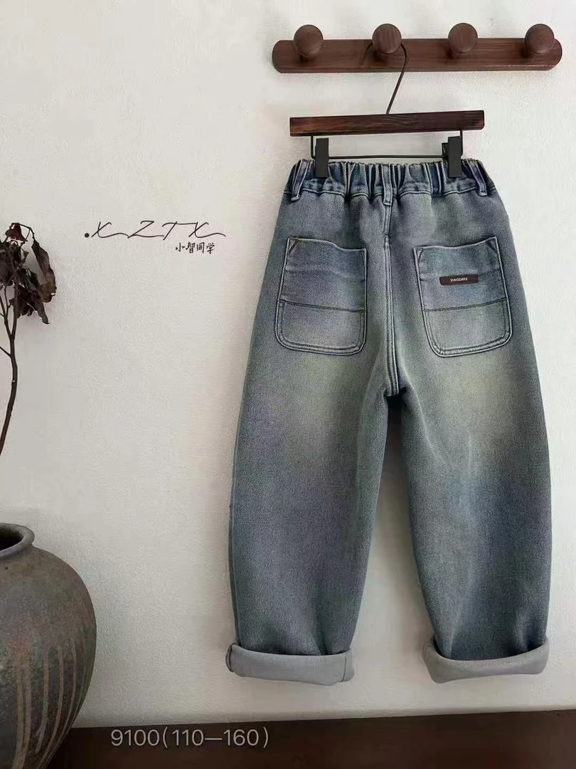 【豪宝贝】2024FW新品口袋小标线条一体绒萝卜牛仔裤9100