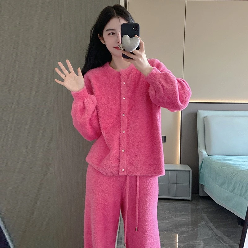 网红新款玫红色睡衣女套装小香风粉色睡衣秋冬休闲舒适珊瑚绒保暖