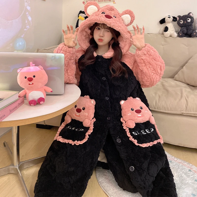 冬季睡袍女秋冬爆款加厚加绒珊瑚绒蓄温可外出三层夹棉套装家居服