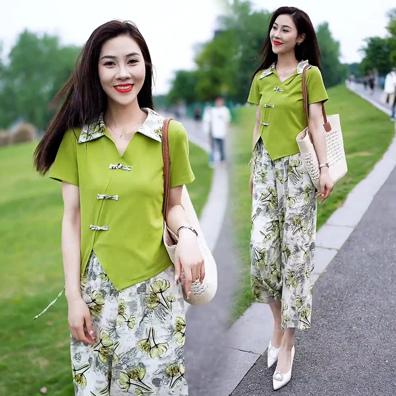 中国风时尚碎花套装女2024年夏季新款休闲小个子短袖阔腿裤两件套