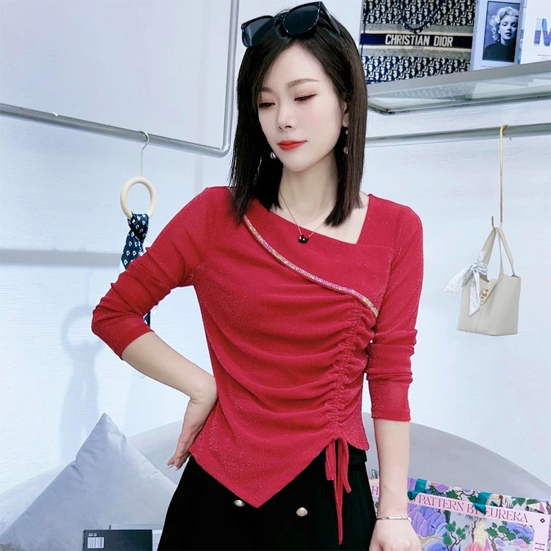 不规则系带抽褶长袖T恤女2024秋季新款设计感小众斜领别致上衣潮