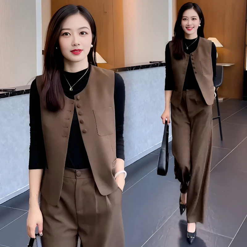 时尚气质显瘦套装女2024年秋季新款洋气减龄马甲高腰阔腿裤三件套