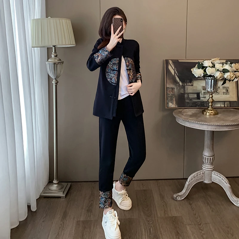 新中式国风盘扣刺绣时尚套装女2025年春秋季新款卫衣卫裤两件套潮