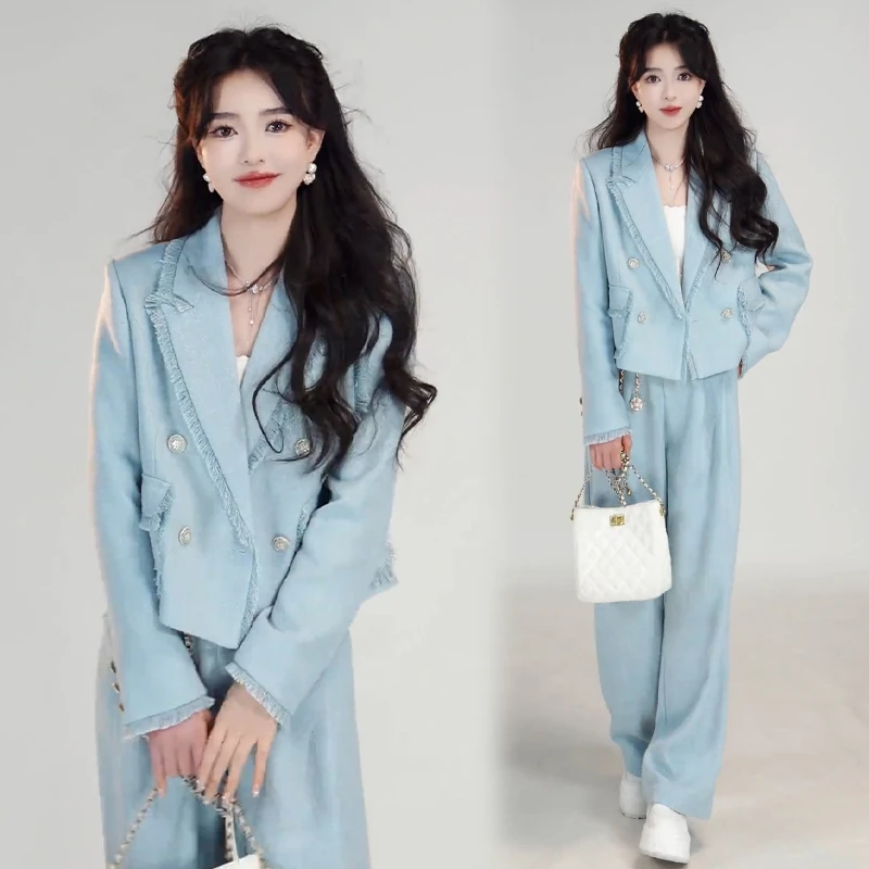 法式时尚休闲小香风套装女2025年春秋季新款西装外套阔腿裤两件套