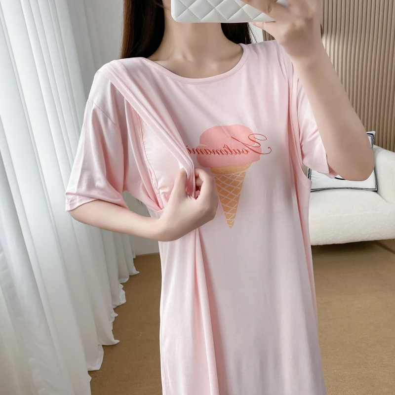 哺乳期妈妈夏装莫代尔夏季睡裙免穿文胸带胸垫外穿喂奶短袖连衣裙