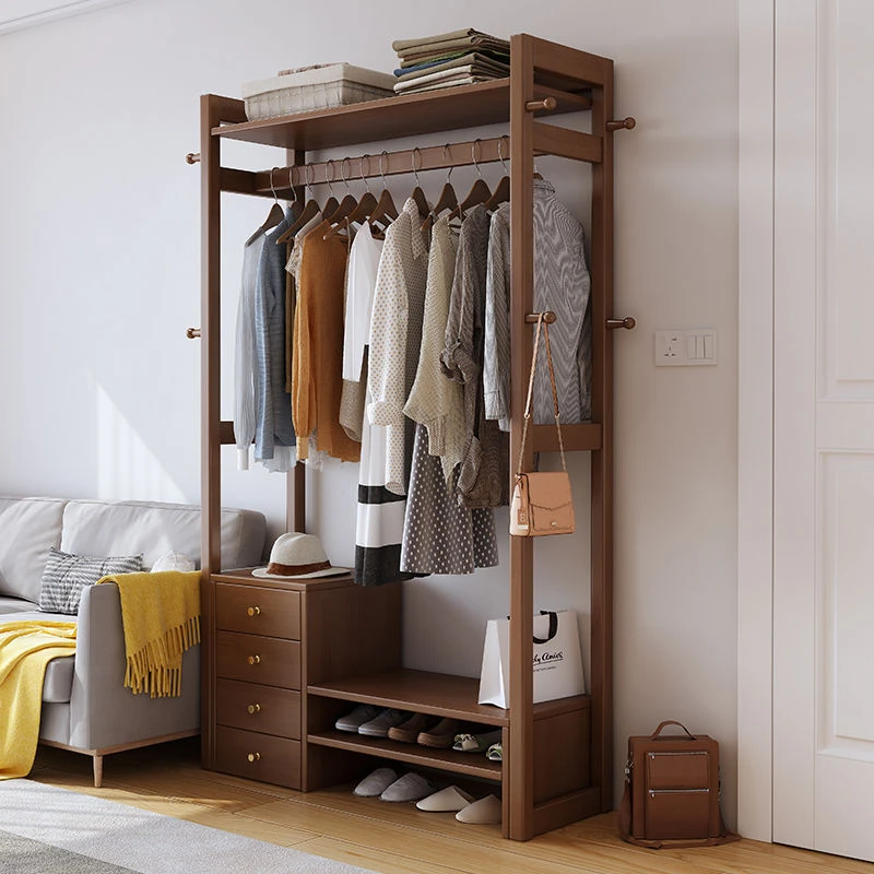 全实木挂衣架鞋架落地衣帽架换鞋凳一体家用入户玄关多功能鞋柜