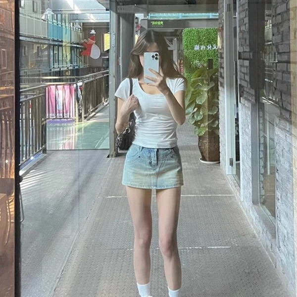 新款2024夏季街头辣妹显瘦纯色时尚潮牌休闲上衣打底短袖百搭t恤.