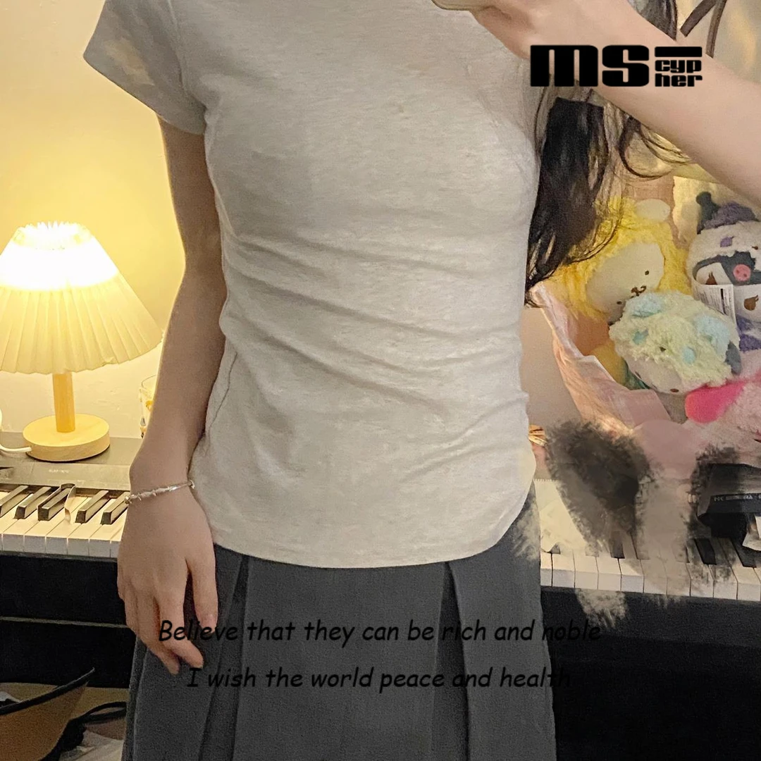 MScypher2024夏季洋气韩版纯色上衣休闲版新款正肩修身T恤女圆领i