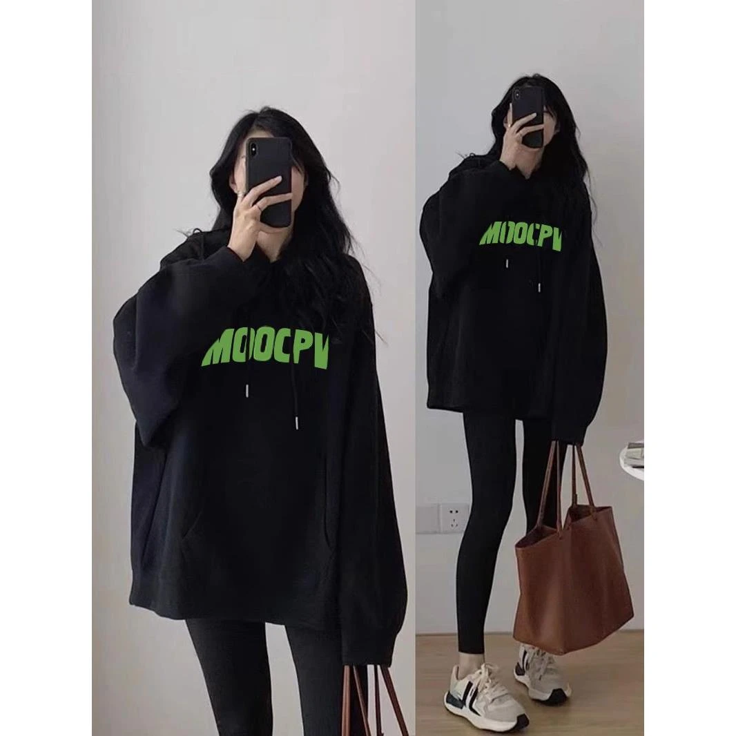 美式大码独特印花连帽卫衣女秋冬季加绒加厚胖mm遮肉潮牌上衣外套