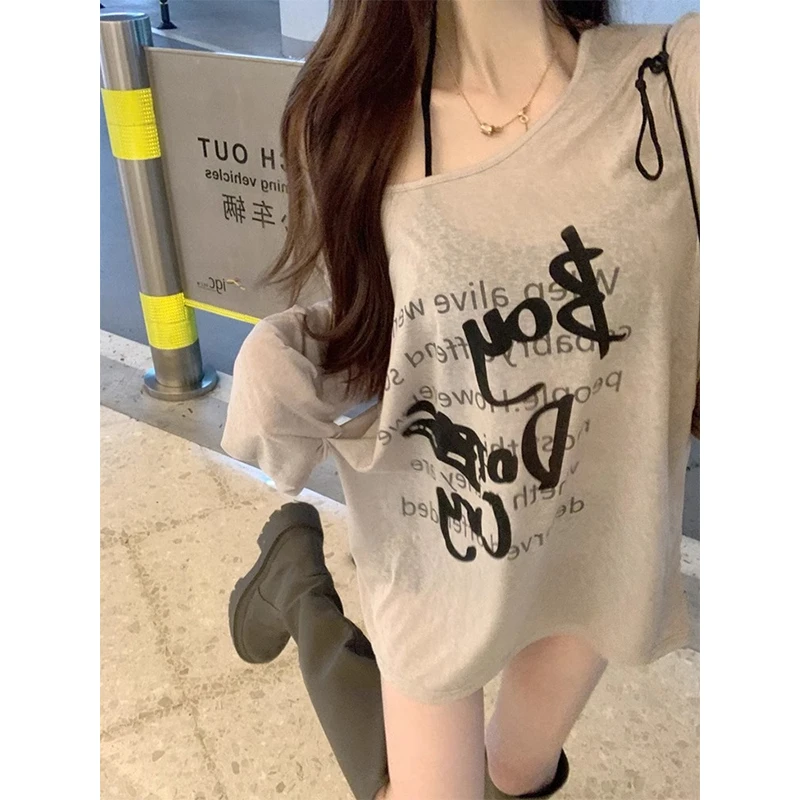 美式慵懒风字母印花防晒罩衫长袖t恤女秋季薄款宽松显瘦辣妹上衣