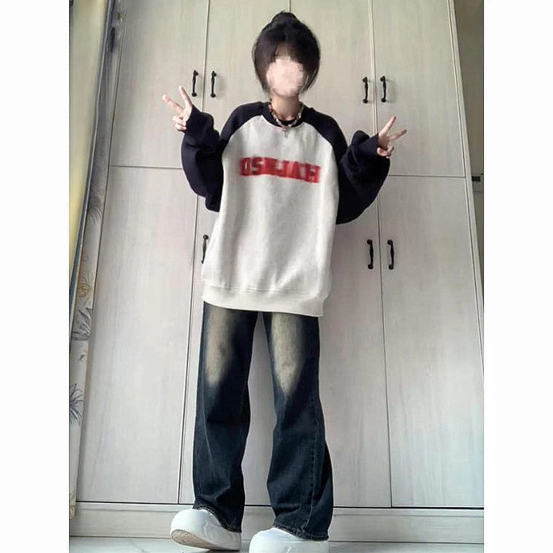 美式复古2023新款ins卫衣女秋冬拼接撞色圆领加绒加厚卫衣情侣装i