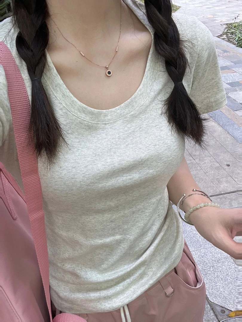 美式纯色显瘦街头辣妹2024夏季上衣休闲内搭时尚圆领t恤女装.