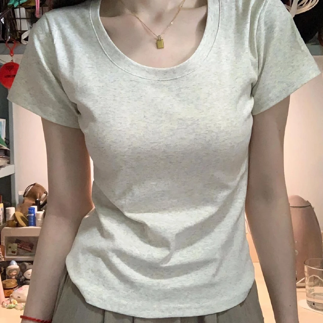 夏季正肩显瘦T恤女打底衫显瘦百搭圆领纯色内搭修身上衣短袖韩版.
