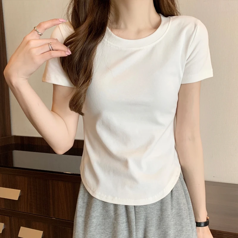 MScypher夏季街头辣妹不规则设计感纯色上衣圆领百搭ins短袖T恤女