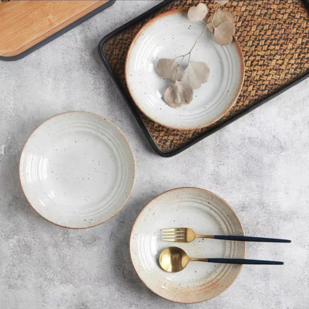 利利家景德镇粗陶柴烧螺纹深盘8英寸1只清库存