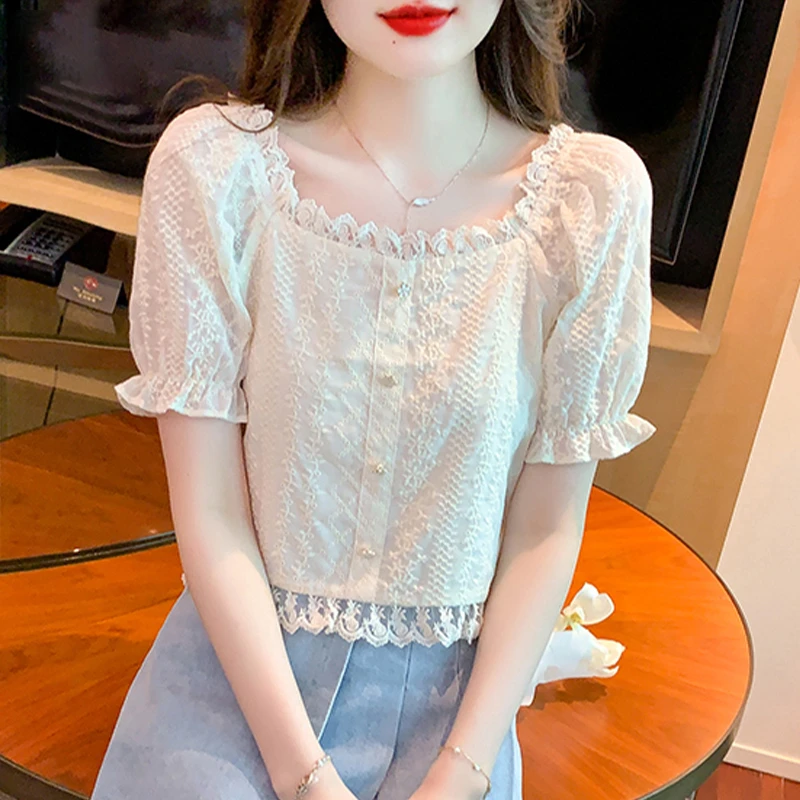 方领泡泡袖短款雪纺衫女2025夏季新款百搭减龄小衫小个子短款上衣