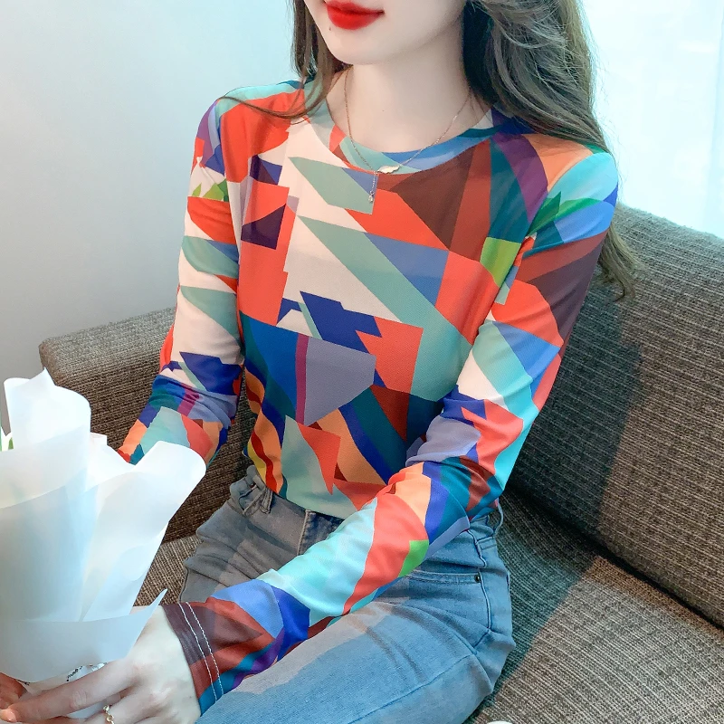 泫雅风长袖t恤女春季2025年新款内搭网纱打底衫洋气小衫叠穿上衣