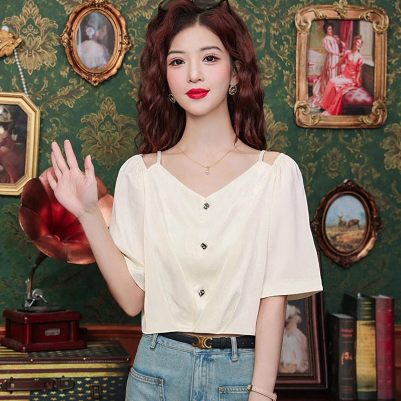 法式V领吊带雪纺衫女短袖2025夏季新款设计感小众洋气短款上衣潮