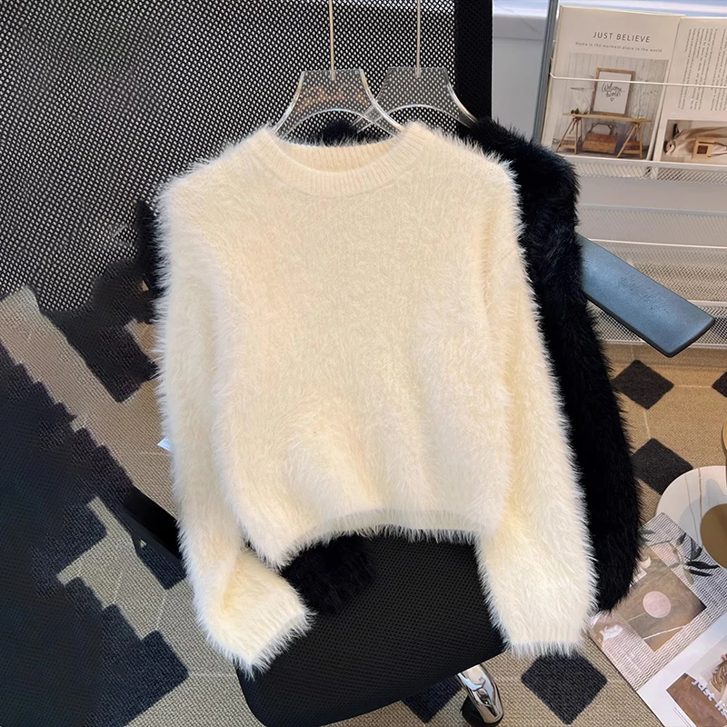 软糯白色水貂绒毛衣女2025年秋冬季新款小个子短款针织衫爆款上衣