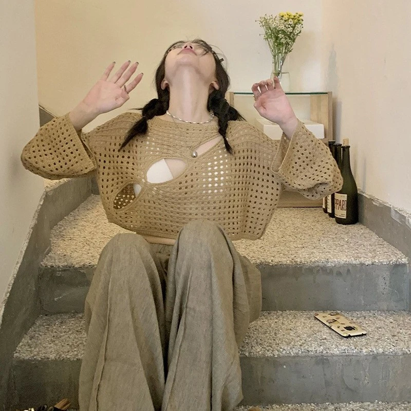 时尚潮流女装超短款夏季长袖镂空针织衫显瘦辣妹防晒甜美纯色上衣