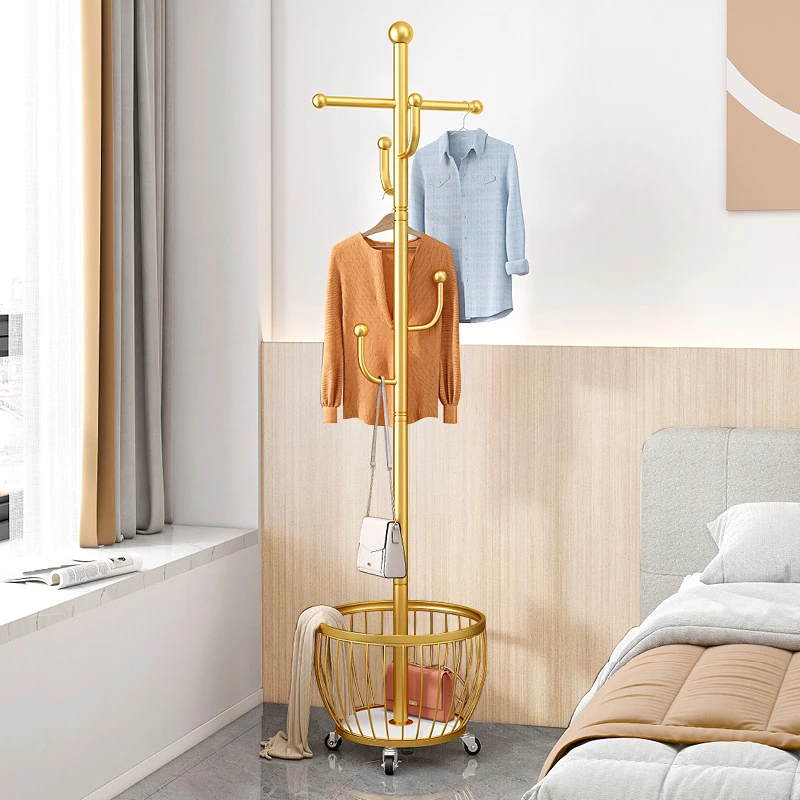 落地挂衣架卧室可移动衣帽架轻奢家用客厅立式衣服收纳架脏衣筐篓